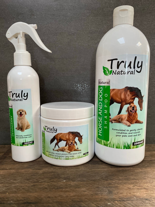 LARGE DOG SKIN CARE PACK Truly Natural 500g Extreme Moisture, 1L natural shampoo & 250ml deodoriser