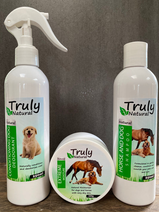 SMALL DOG SKIN CARE PACK Truly Natural 100g Extreme Moisture, 250ml natural shampoo & 250ml deodoriser