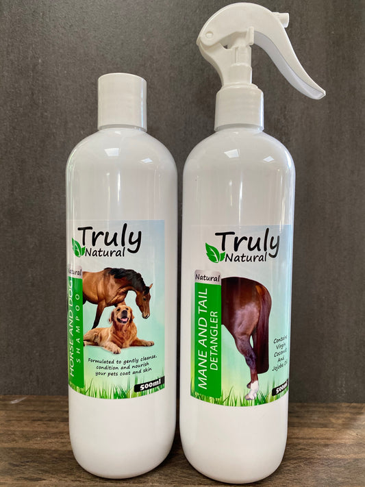 Truly Natural 500ml natural horse shampoo and 500ml mane and tail detangler